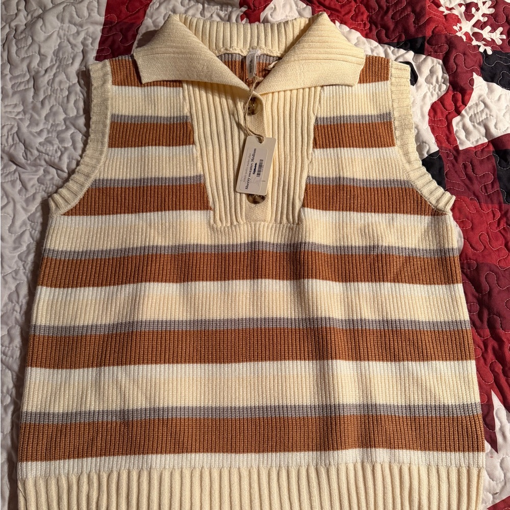 Wishlist Ribbed Knit Sweater Vest in Cream and Brown